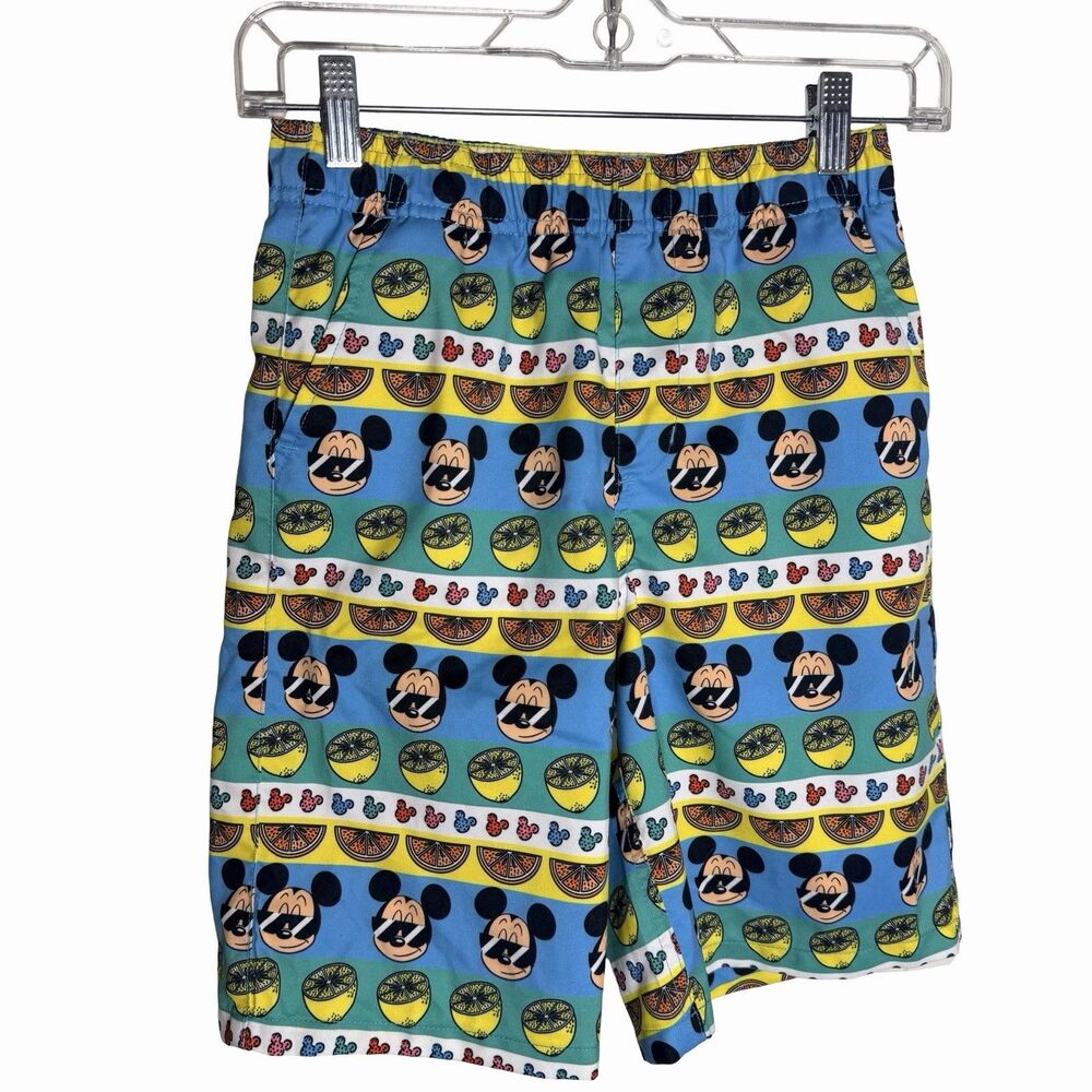 Disney Mickey Mouse Swim Shorts Trunks Kids Size 9/10 Lemon Oranges Striped